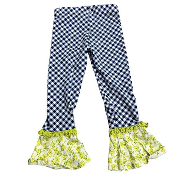 Matilda Jane Girls Size 4 Ruffle Pants – Navy Gingham Floral Hem Boho Boutique - Picture 2 of 5